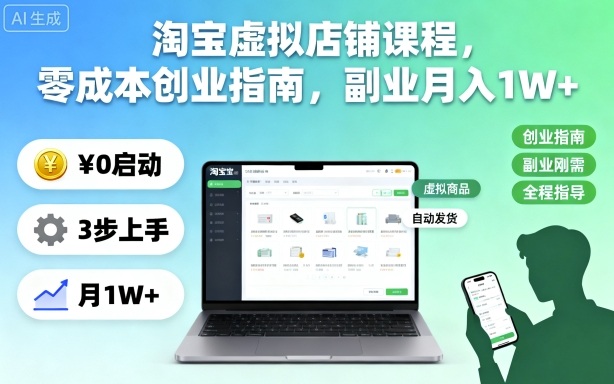 淘宝虚拟店铺课程,零成本创业指南,副业月入1W+-汇课新知资源网