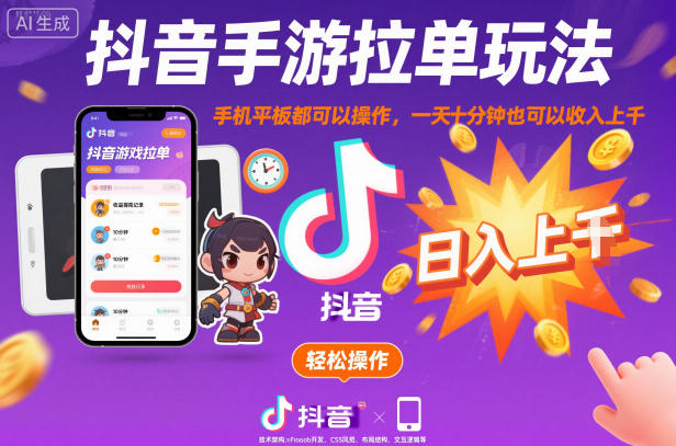 抖音手游拉单玩法,手机平板都可以操作,一天十分钟也可以收入上K【揭秘】-汇课新知资源网