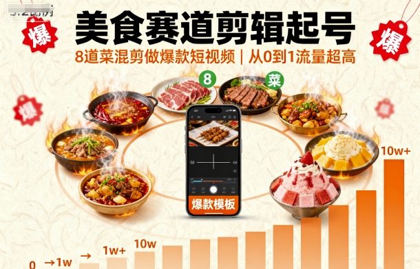 美食赛道剪辑起号,8道菜混剪做爆款短视频,从0到1,流量超高-汇课新知资源网