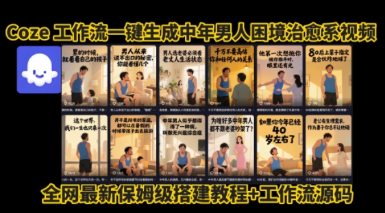 coze工作流一键生成”中年男人困境扎心高涨粉高播放量图文视频”保姆级拆解教程，无需剪辑，无需拍摄写文案-汇课新知资源网
