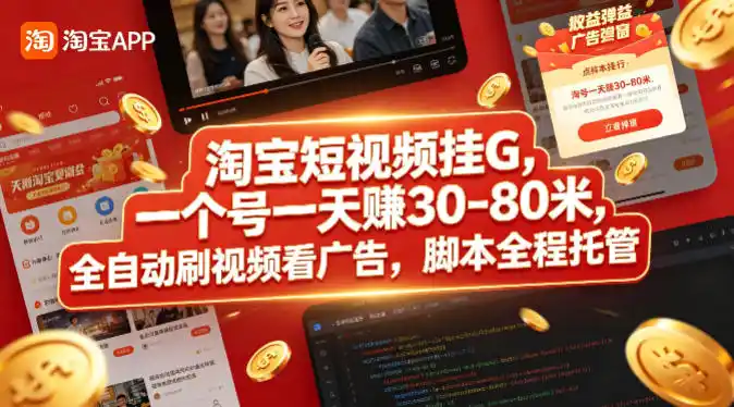 淘宝短视频挂G,一个号一天 賺30-80米,全自动刷视频看广告,脚本全程托管【揭秘】-汇课新知资源网