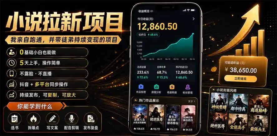 抖音及多平台小说拉新项目：我亲自跑通并持续带徒弟实操｜0基础小白5天上手快速变现-汇课新知资源网