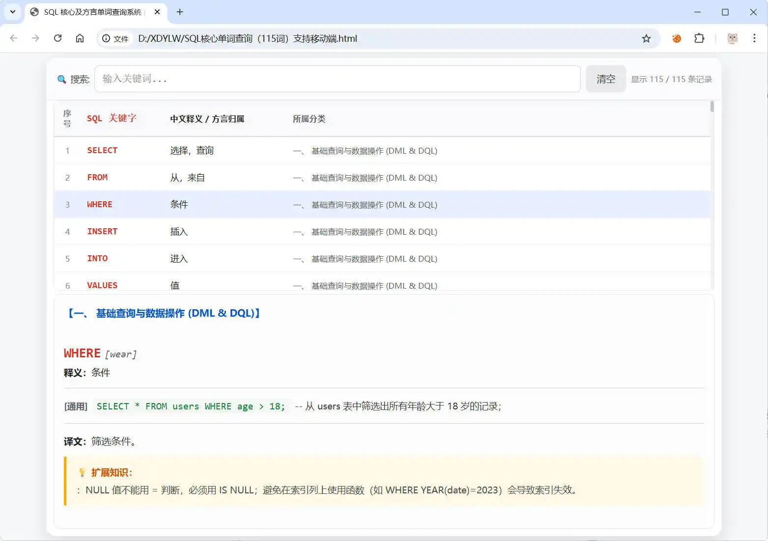 SQL常用核心单词查询115词html源码-汇课新知资源网