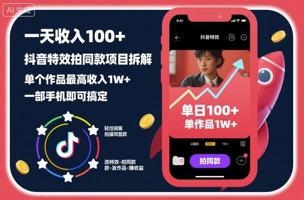 一天收入100+,抖音特效拍同款项目拆解,单个作品最高收入1W+,一部手机即可搞定-汇课新知资源网