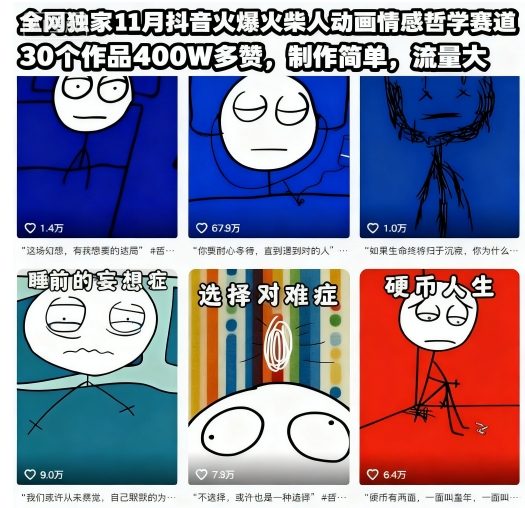全网独家11月抖音火爆火柴人动画情感哲学赛道,30个作品400W多赞,制作简单,流量大【教学+素材】-汇课新知资源网