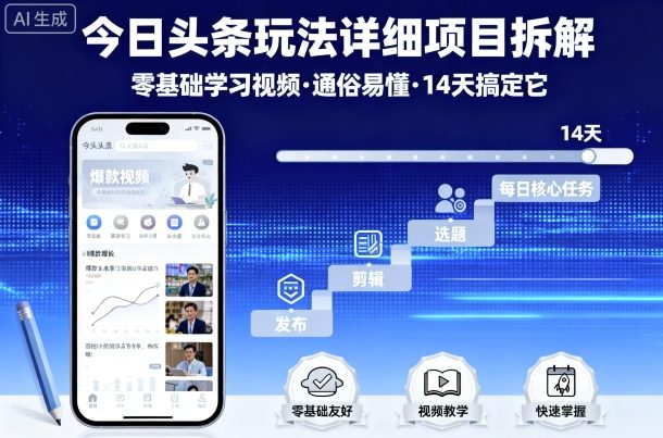 今日头条玩法详细项目拆解,零基础学习视频 通俗易懂 14天搞定它-汇课新知资源网