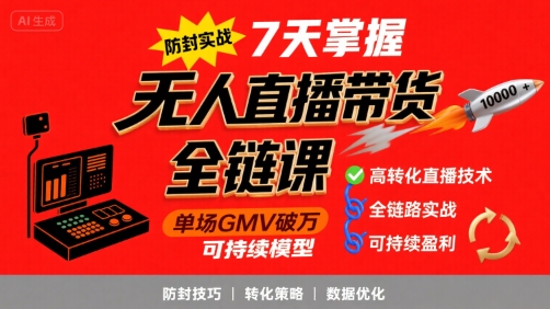 无人直播带货全链防封实战课，7天掌握高转化直播技术，实现单场GMV破万可持续模型-汇课新知资源网