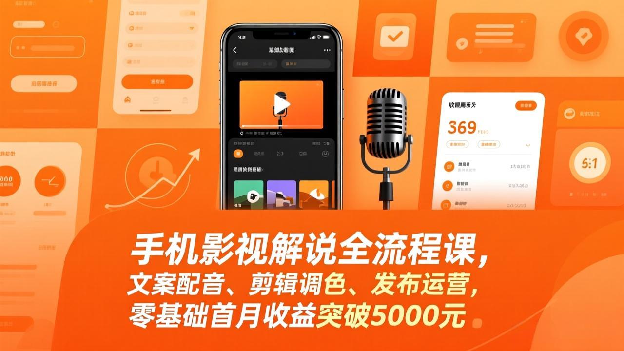 手机影视解说全流程课,文案配音、剪辑调色、发布运营,零基础首月收益突破5000元-汇课新知资源网