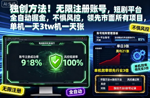 独创方法!无限注册账号,短剧平台全自动掘金,不惧风控,领先市面所有项目,单机一天3张【揭秘】-汇课新知资源网