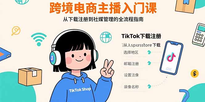 跨境电商主播入门课,TikTok下载注册,支付工具配置,社媒账号管理全流程-汇课新知资源网
