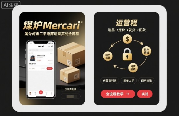煤炉Mercari国外闲鱼二手电商运营实战全流程,仿品高利润,简单上手,闷声搞钱-汇课新知资源网