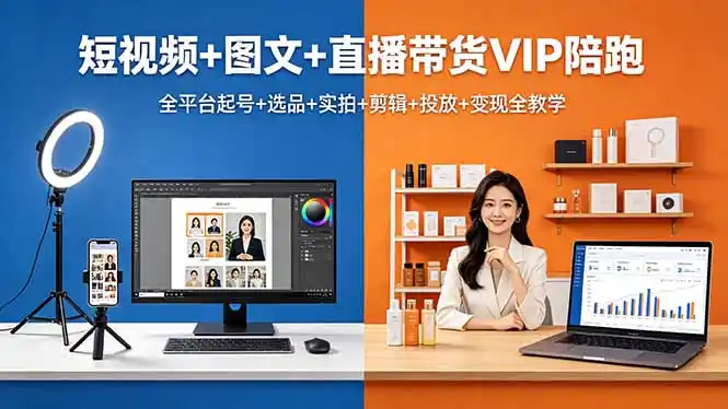 短视频+图文+直播带货VIP陪跑，全平台起号+选品+实拍+剪辑+投放+变现全教学-汇课新知资源网
