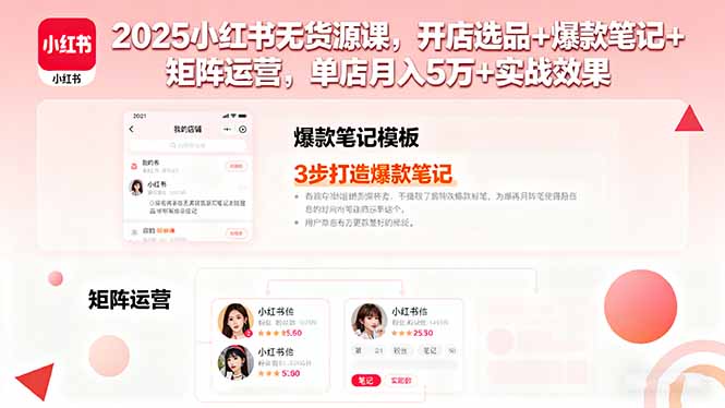 2025小红书无货源课,开店选品+爆款笔记+矩阵运营,单店月入5万+实战效果-汇课新知资源网
