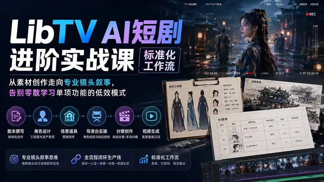 LibTV AI短剧进阶实操课标准化工作流；从素材创作走向专业镜头叙事，告别零散学习单项功能的低效模式-汇课新知资源网