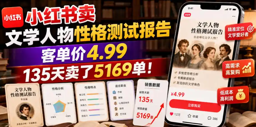 小红书卖文学人物性格测试报告，客单价4.99，135天卖了5169单！-汇课新知资源网