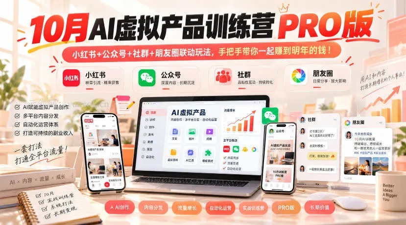 10月AI虚拟产品训练营PRO版，小红书+公众号+社群+朋友圈联动玩法，手把手带你一起赚到明年的钱！(更新1029)