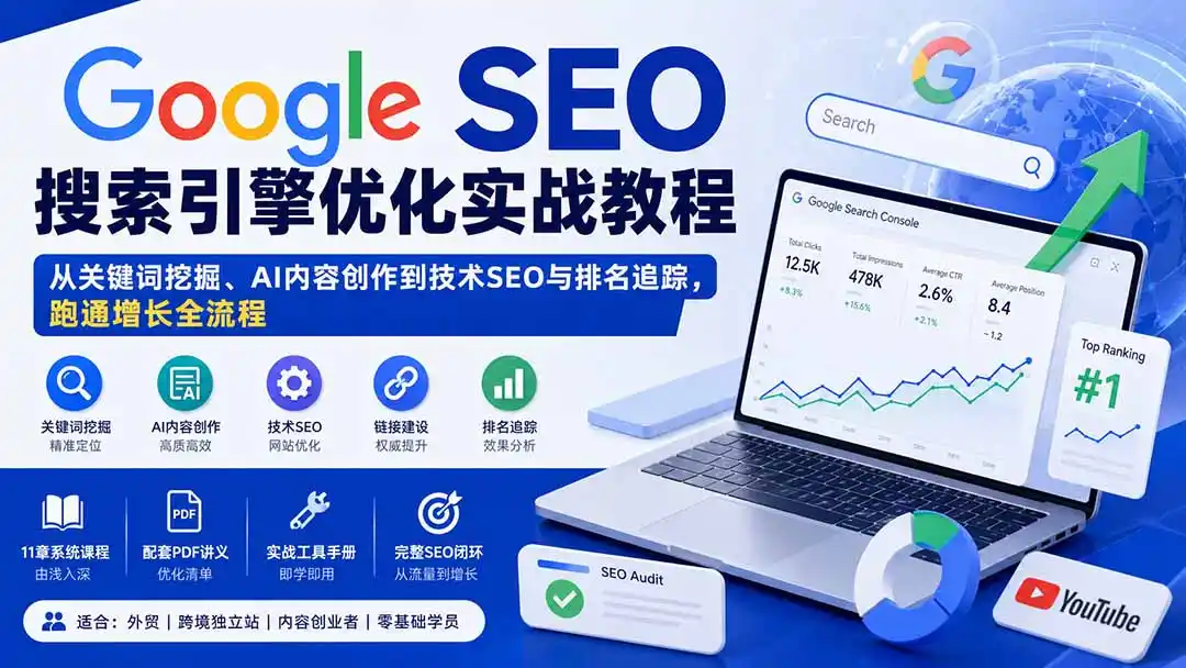 Google SEO搜索引擎优化实战教程:从关键词挖掘、AI内容创作到技术SEO与排名追踪,跑通增长全流程-汇课新知资源网