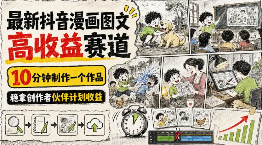 最新抖音漫画图文高收益赛道，10分钟制作一个作品，稳拿创作者伙伴计划收益-汇课新知资源网