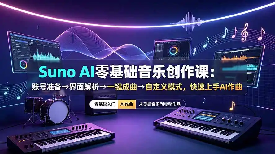 Suno AI零基础音乐创作课：账号准备→界面解析→一键成曲→自定义模式，快速上手AI作曲-汇课新知资源网