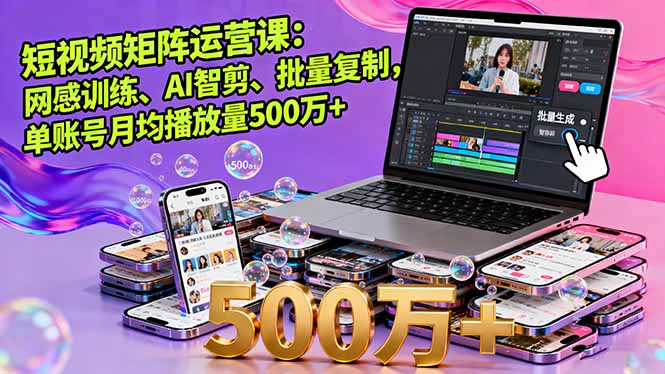 短视频矩阵运营课:网感训练、AI智剪、批量复制,单账号月均播放量500万+-汇课新知资源网