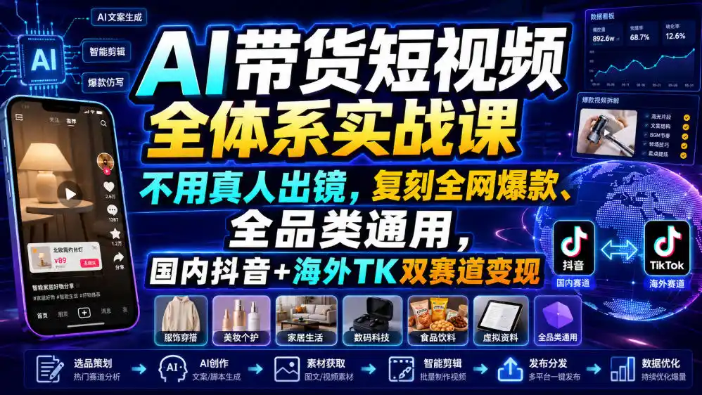 AI带货短视频全体系实战课,不用真人出镜,复刻全网爆款、全品类通用,国内抖音+海外TK双赛道变现-汇课新知资源网